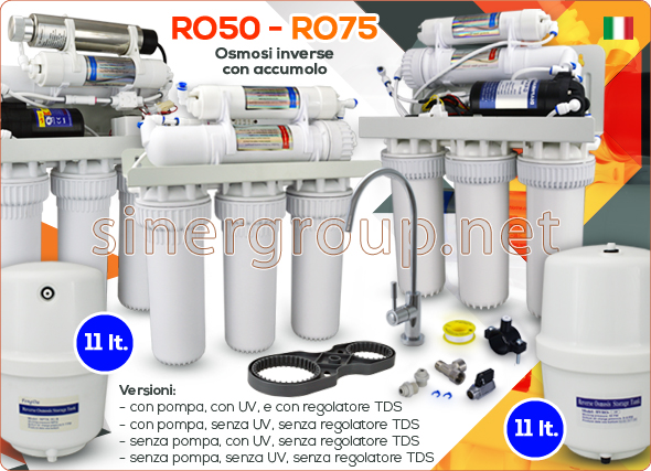 Osmosi Inversa residenziale  con accumulo RO50 RO75 Membrana 50gpd Membrana 75 gpd regolatore TDS pompa sistema UV depuratore