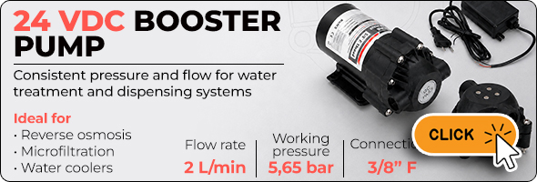 booster pump, 24 vdc, diaphragm pump, water treatment, reverse osmosis, microfiltration, water cooler, flow rate, working pressure, compact pump