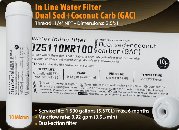 Inline dual-action sediment coconut granular activated carbon in line filter Chlorine reduction Water Purifiers water cooler Reverse Osmosis