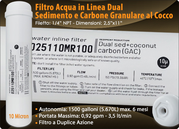 Filtro in linea a duplice azione sedimento Carbone attivo granulare cocco Riduzione Cloro Refrigeratori Depuratori Osmosi Inversa