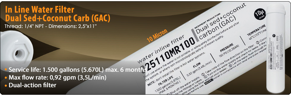 Inline dual-action sediment coconut granular activated carbon in line filter Chlorine reduction Water Purifiers water cooler Reverse Osmosis