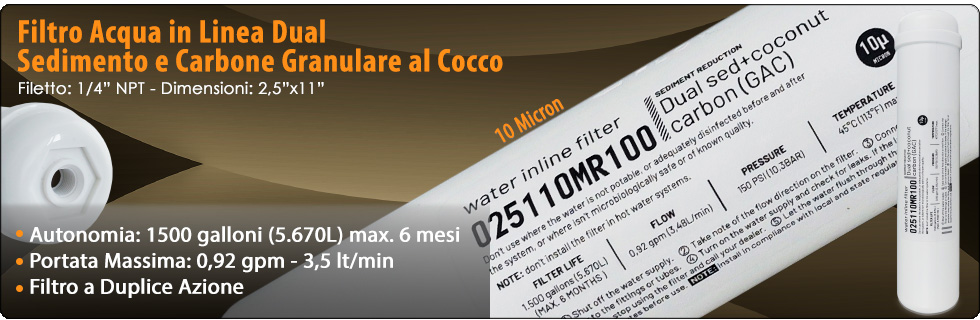 Filtro in linea a duplice azione sedimento Carbone attivo granulare cocco Riduzione Cloro Refrigeratori Depuratori Osmosi Inversa