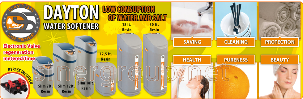 Dayton Water Softener Electronic Valve Regeneration Metered Time 7 slim 12 slim 18 slim 12,5 18 30 liters resins saving cleaning protection health pureness beauty