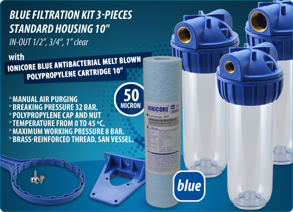 Blue Filtration kit housing Ionicore blue Cartridges Melt Blown Polypropylene Silver Ion Water Purifiers