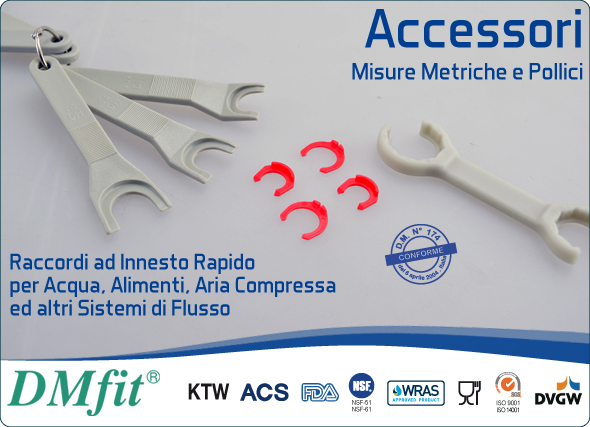 DMfit raccordi a innesto accessori tubi resina acetalica misure metriche pollici acqua alimenti aria compressa sistemi flusso
