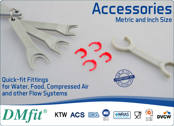 DMfit quick fit fittings accessories tubing acetal resin inch metric size food&drink beverage compressed air flow systems