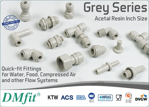 DMfit quick fit fittings grey series acetal resin inch size food&drink beverage compressed air flow systems