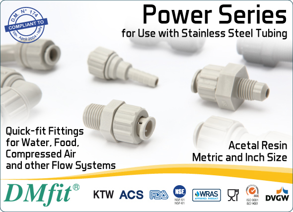 DMfit quick fit fittings power series steel tubing acetal resin metric inch size food&drink beverage compressed air flow systems