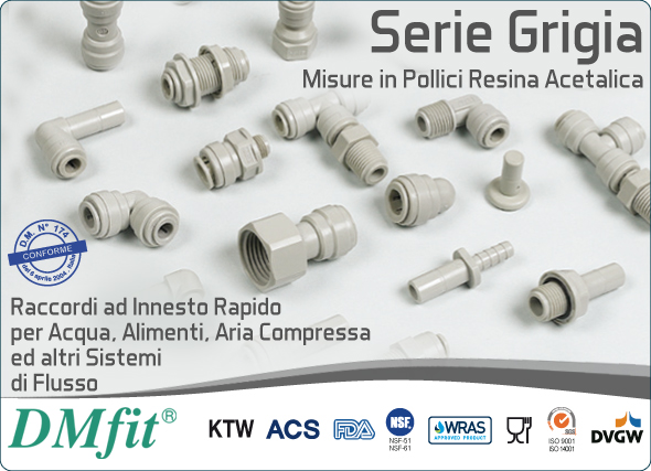 DMfit serie grigia resina acetalica pollici raccordi innesto rapido acqua alimenti aria compressa sistemi flusso