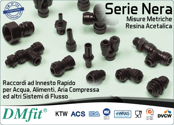 DMfit raccordi a innesto rapido serie nera resina acetalica misure metriche acqua alimenti aria compressa sistemi flusso