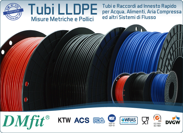 DMfit raccordi a innesto rapido acqua tubi lldpe misure metriche pollici alimenti aria compressa sistemi flusso