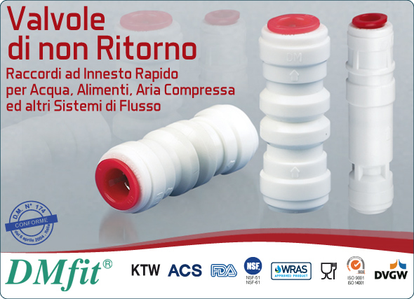 DMfit raccordi a innesto rapido acqua valvole non ritorno misure metriche pollici alimenti aria compressa sistemi flusso