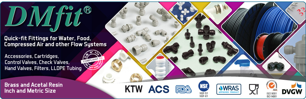 DMfit quick-fit fittings accessories control check hand valves cartridges filters LLDPE tubing water food compressed air flow system brass acetal resin inch metric size