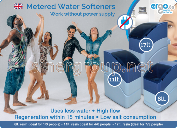 Ergo Water Softener no power supply Metered Time Regeneration 15 minutes 18 liters 11 liters resins saving cleaning protection health pureness beauty