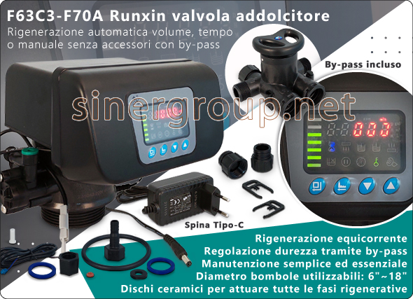 F63 Runxin valvole residenziali addolcitori acqua rigenerazione volume tempo by-pass regolazione durezza