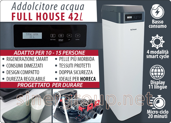 Full House Addolcitore Acqua Rigenerazione Volume Tempo 42 litri risparmio pulizia protezione salute purezza bellezza resina