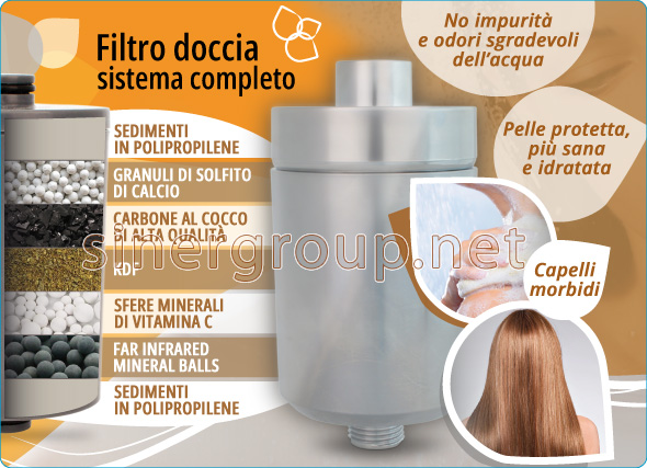 Filtro Doccia Sistema Completo Uso Domestico Riduce Particelle Sospese Migliora Sapore Odore Acqua Pelle Sana Protetta Capelli Morbidi Sfere Minerali Vitamina-C Water Filtration Filtrazione Acqua