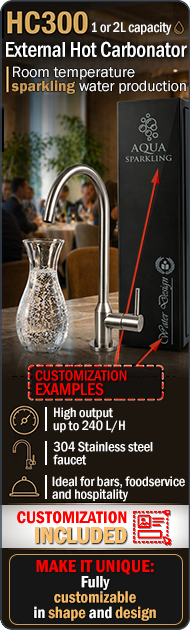 HC300 External Hot Carbonator Fully customizable Sparkling water 240 Lh production Electronic level control Integrated anti flood system 304 Stainless steel faucet Custom branding Under counter