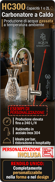 HC300 Carbonatore a Caldo Completamente personalizzabile Acqua frizzante Produzione 240 Lh Controllo elettronico del livello Sistema antiallagamento integrato Rubinetto inox 304 Personalizzazione brand Sottobanco