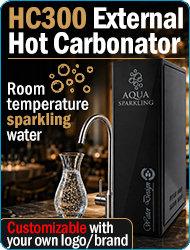 HC300 External Hot Carbonator Fully customizable Sparkling water 240 Lh production Electronic level control Integrated anti flood system 304 Stainless steel faucet Custom branding Under counter