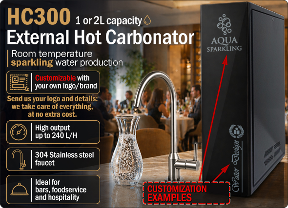 HC300 External Hot Carbonator Fully customizable Sparkling water 240 Lh production Electronic level control Integrated anti flood system 304 Stainless steel faucet Custom branding Under counter
