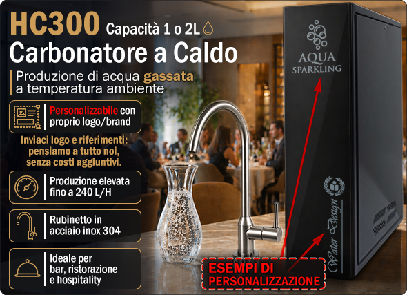 HC300 Carbonatore a Caldo Completamente personalizzabile Acqua frizzante Produzione 240 Lh Controllo elettronico del livello Sistema antiallagamento integrato Rubinetto inox 304 Personalizzazione brand Sottobanco