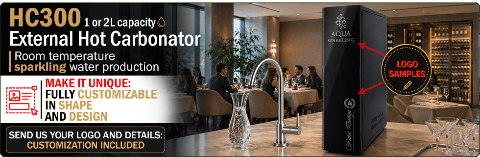 HC300 External Hot Carbonator Fully customizable Sparkling water 240 Lh production Electronic level control Integrated anti flood system 304 Stainless steel faucet Custom branding Under counter