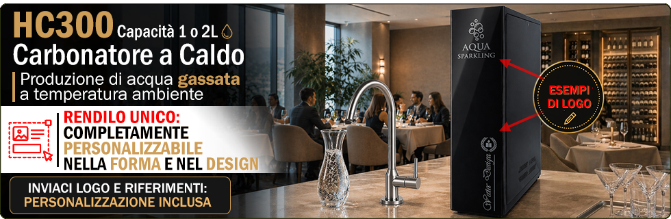HC300 Carbonatore a Caldo Completamente personalizzabile Acqua frizzante Produzione 240 Lh Controllo elettronico del livello Sistema antiallagamento integrato Rubinetto inox 304 Personalizzazione brand Sottobanco