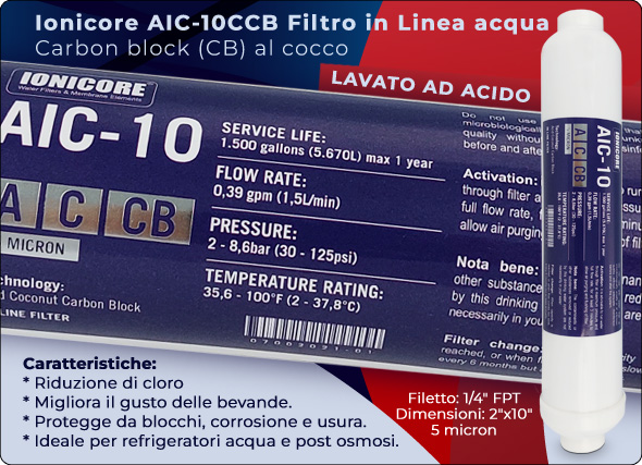 Ionicore Carbon block al cocco lavato ad acido Riduzione Cloro Refrigeratori Depuratori Osmosi Inversa