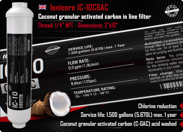 Ionicore CGAC coconut granular activated carbon in line filter Chlorine reduction acid washed Water Purifiers water cooler Reverse Osmosis