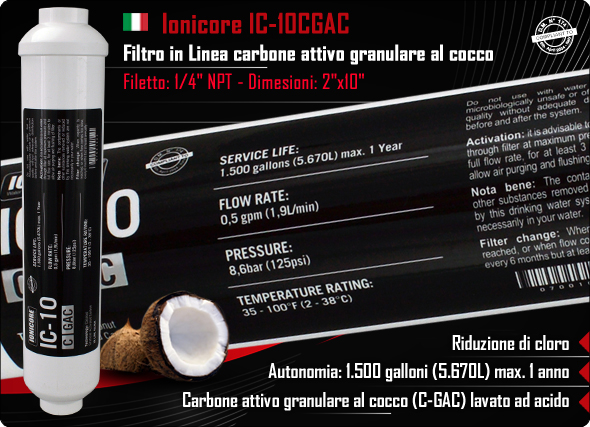 Ionicore CGAC Carbone attivo granulare al cocco lavato ad acido Riduzione Cloro Refrigeratori Depuratori Osmosi Inversa