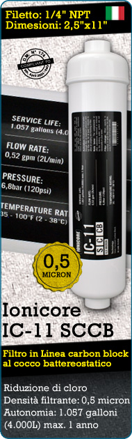 Ionicore SCCB Filtro in linea Battereostatica Carbon Block Cocco Refrigeratori Depuratori Osmosi Inversa 0,5 micron