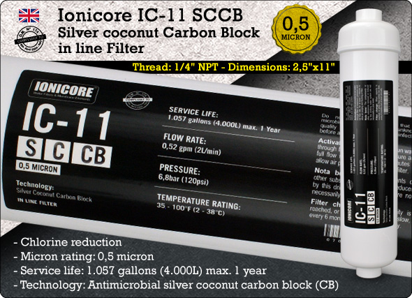 Ionicore SCCB Silver Coconut Carbon Block in line filter Water Purifiers water cooler Reverse Osmosis 0,5 micron
