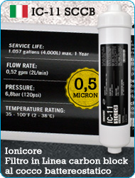 Ionicore SCCB Filtro in linea Battereostatica Carbon Block Cocco Refrigeratori Depuratori Osmosi Inversa 0,5 micron