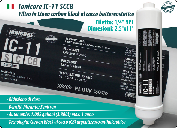 Ionicore SCCB Filtro in linea Battereostatica Carbon Block Cocco Refrigeratori Depuratori Osmosi Inversa