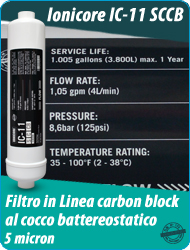 Ionicore SCCB Filtro in linea Battereostatica Carbon Block Cocco Refrigeratori Depuratori Osmosi Inversa
