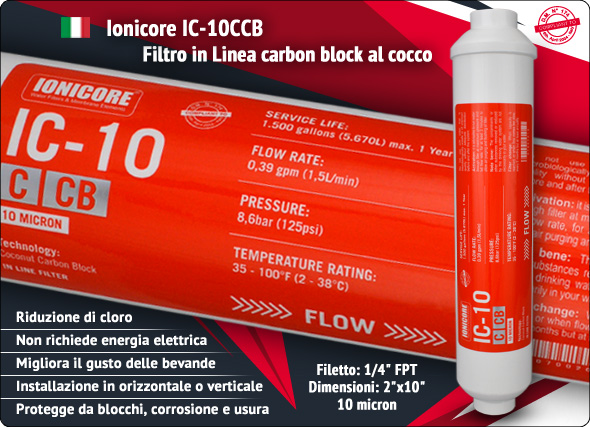 Ionicore Carbon block al cocco Riduzione Cloro Refrigeratori Depuratori Osmosi Inversa