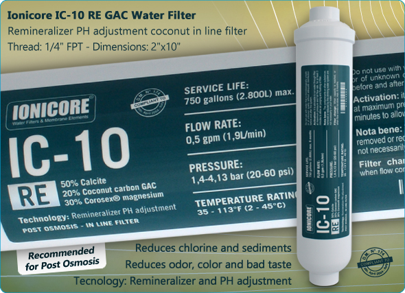 Ionicore remineralizer PH adjustment coconut in line water filter GAC Water Purifiers Reverse Osmosis filtration systems