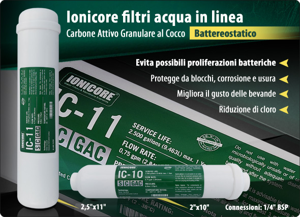 Ionicore SCGAC Carbone attivo granulare al cocco battereostatico Riduzione Cloro Refrigeratori Depuratori Osmosi Inversa