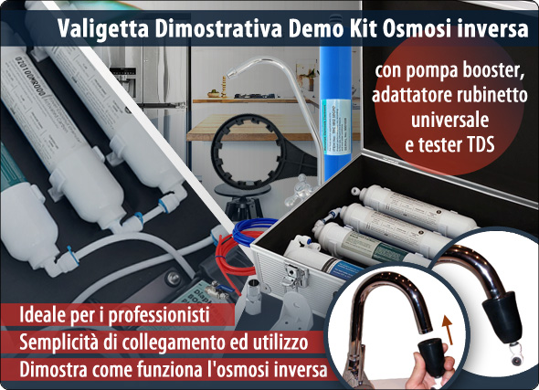 Valigetta Dimostrativa Demo kit Membrane Filtrazione Acqua Osmosi Inversa Filtri Rubinetti pompa booster