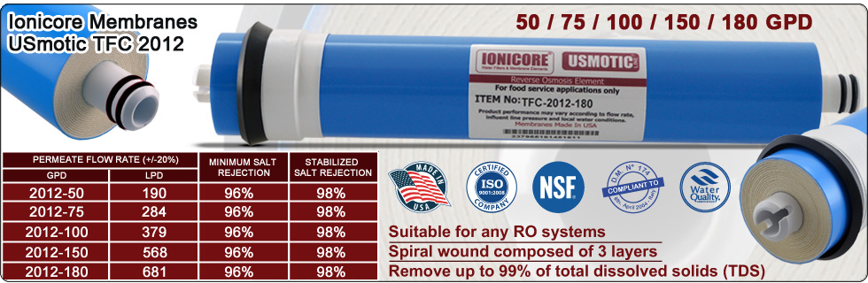 Ionicore RO Membranes 2012 50 75 100 180 gpd water purifiers reverse osmosis
