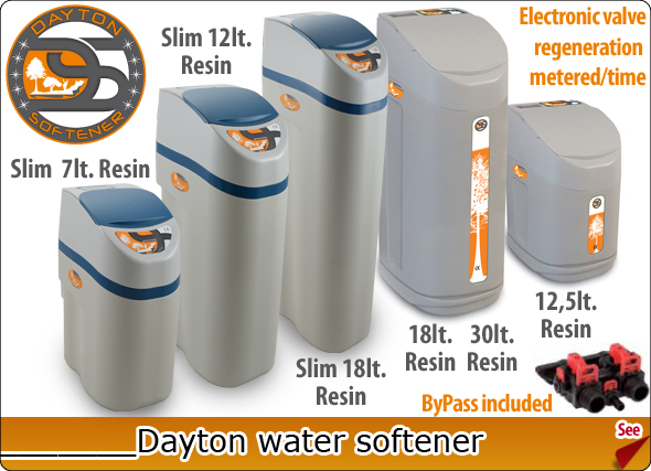 Dayton Water Softener Electronic Valve Regeneration Metered Time 7 slim 12 slim 18 slim 12,5 18 30 liters resins saving cleaning protection health pureness beauty